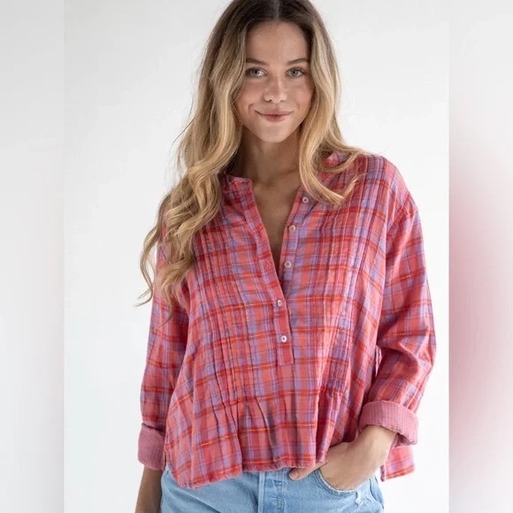 NATURAL LIFE Tops - NATURAL LIFE Pink and Purple Plaid Blouse